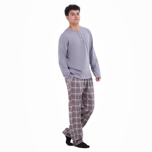 Men Fall Pajama Set Light Grey Buttoned Sweatshirt + Maroon x Light grey checkered Pants